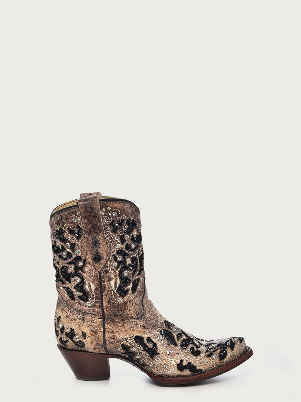 Wide Ankle Boots A4190 - WOMEN'S BLACK GLITTER INLAY FLORAL OVERLAY WITH CRYSTALS AND STUDS SNIP TOE BROWN ANKLE BOOT