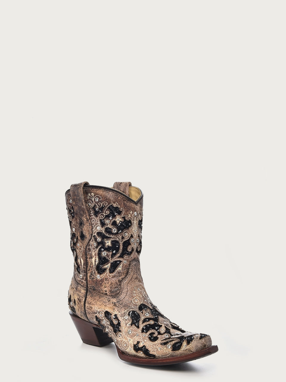A4190 - WOMEN'S BLACK GLITTER INLAY FLORAL OVERLAY WITH CRYSTALS AND STUDS SNIP TOE BROWN ANKLE BOOT Studded Ankle Boots Topshop
