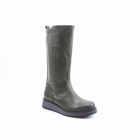 Knee High Leather Heeled Boots Heavenly Feet Luna Ladies Khaki Vegan Side Zip Knee High Boots