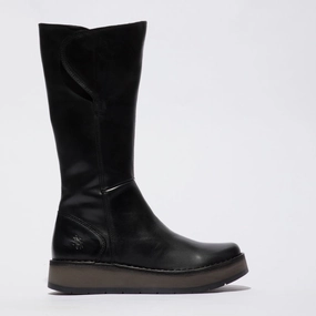 Fly RHEA042FLY Ladies Rug Black Leather Side Zip Knee High Boots Knee High Boots Slim Leg