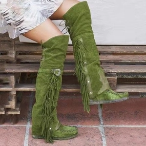 Over The Knee Moccasins With Fringe Beige Brown Black Olive Green Or Burgundy Wine Vegan Suede Lace Up And Stay Up Buckle Boho Knee High Boots Fancy Dress Knee High Boots