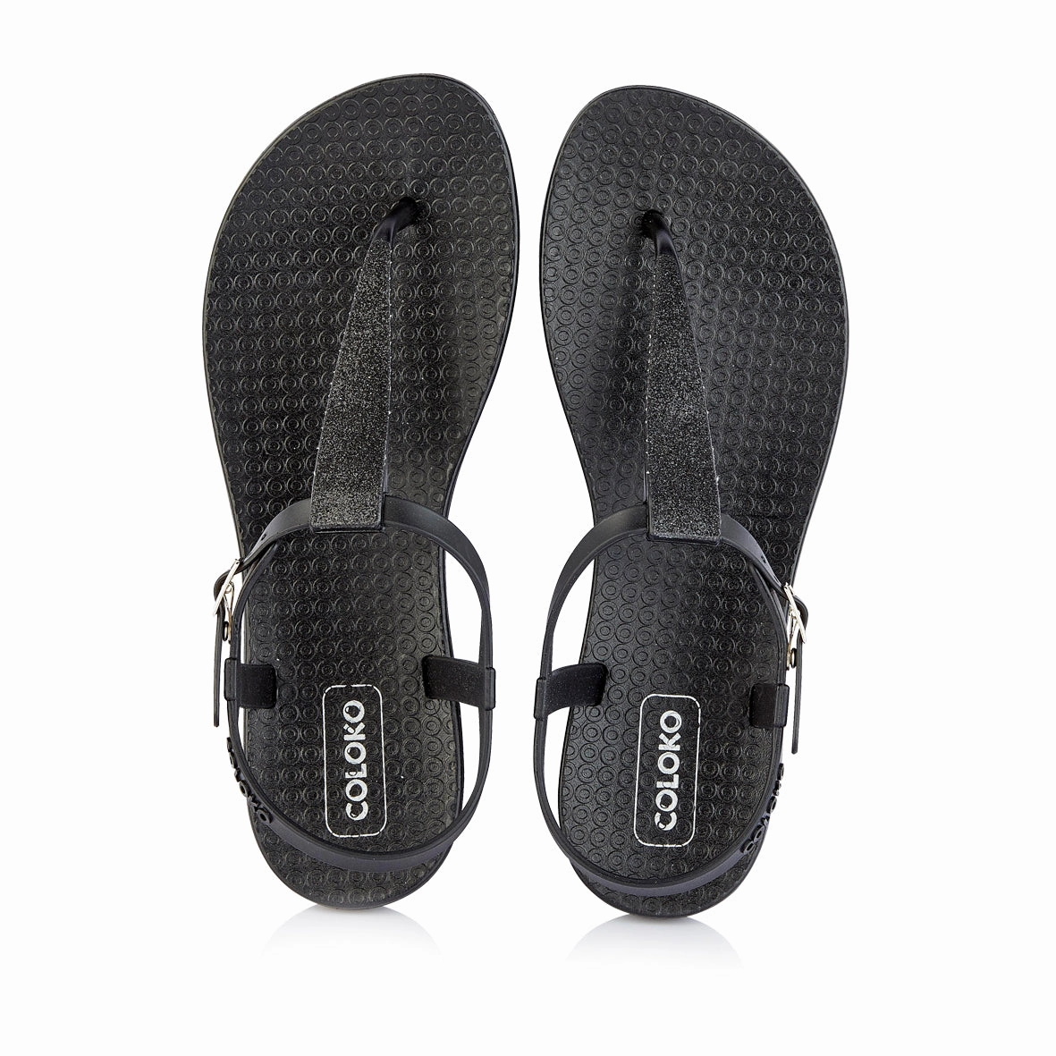Coloko Amaryllis Black Glitter Glamorous Sparkly T-bar Flip Flops Indestructible Flip Flops