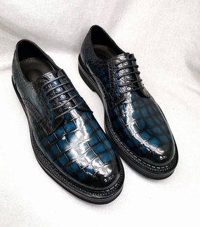 Crocodile Shoes Mens Genuine Crocodile Leather Derby Lace Up Dress Shoe Vintage Blue Boots Grey