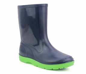 B113571 Boys Kids Mid Calf PVC Wellingtons in Navy & Green Fleece Lined Waterproof Shoes