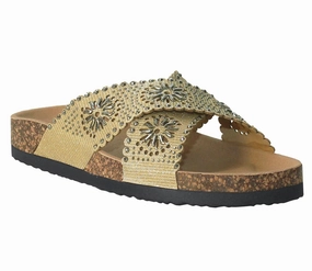 B759370 Womens Diamante Criss Cross Sandals in Gold Sparx Flip Flops