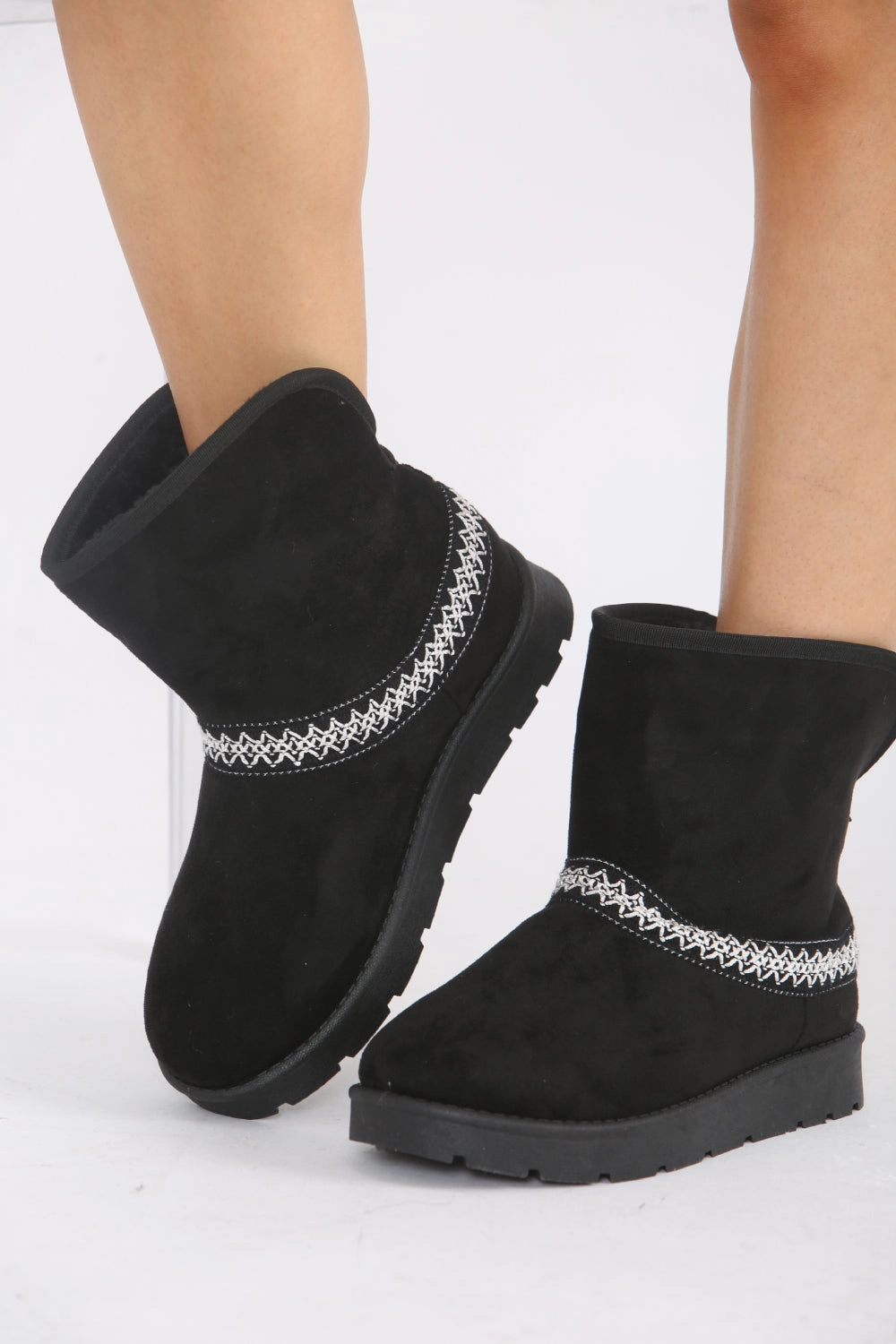 BLACK FOLD OVER EMBROIDED AZTEC DETAIL FULLY FUR LINED BOOT (PACK B) Highest Rated Steel Toe Boots