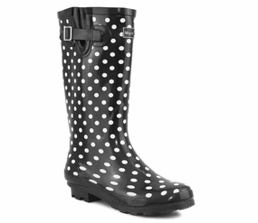 BLACKSPOT Womens Adjustable Black White Polka Dot Wellies Slip On Boat Shoes