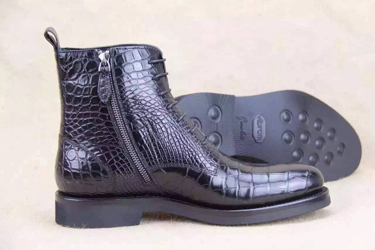 Crocodile Shoes Mens Crocodile Leather  Side Zipper  Lace Up  Boots Ankle Comfort Boots