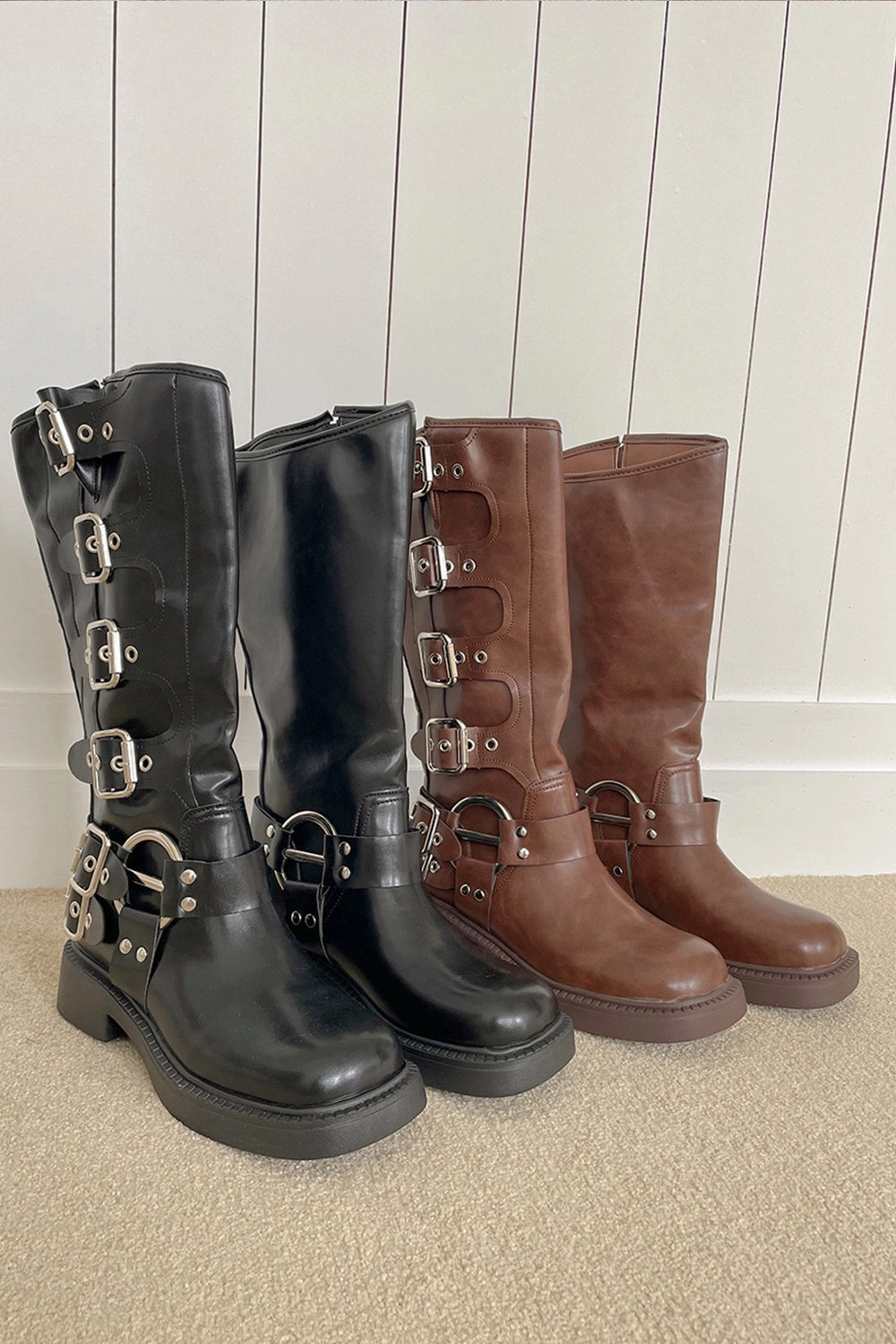 Arden Biker Boots Tan Boots Knee High Low Heel