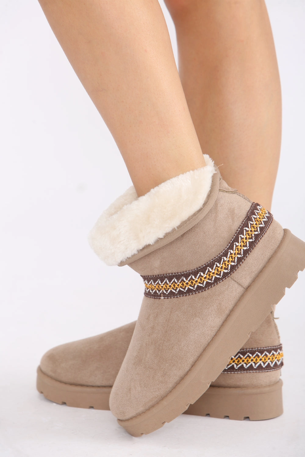 Military Boots Knee High CAMEL FOLD OVER EMBROIDED AZTEC DETAIL FULLY FUR LINED BOOT (PACK B)