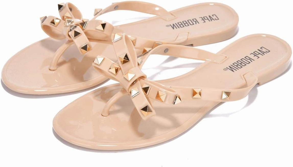 Cape Robbin Women's Christa Studded Jelly Flip Flops with Bow, Open Round Toe Sandals Best Plantar Fasciitis Sandals