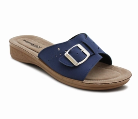 B880940 Womens Slip On Flat Low Wedge Sandals in Navy Moccasin Flip Flops