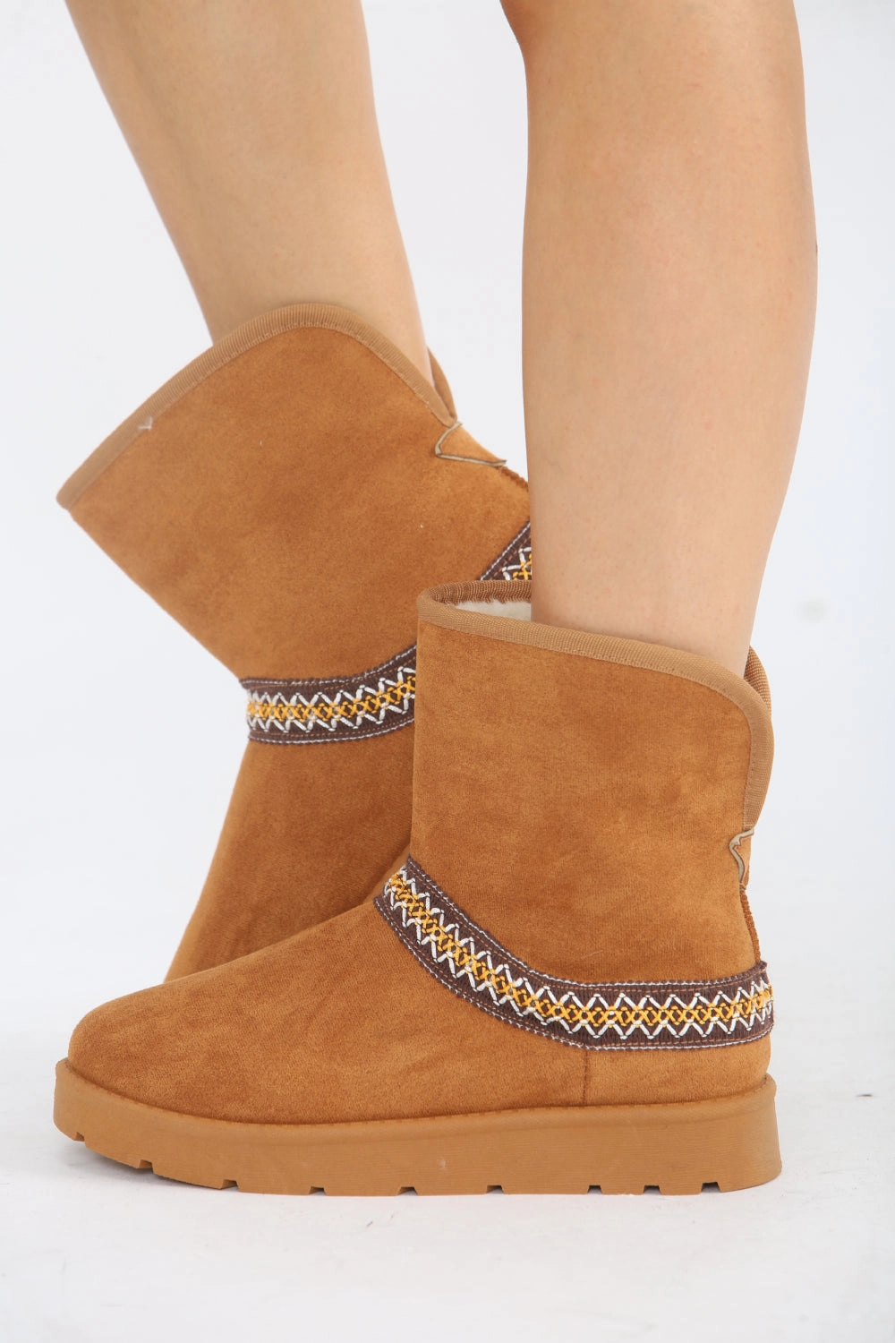 CHESTNUT FOLD OVER EMBROIDED AZTEC DETAIL FULLY FUR LINED BOOT (PACK B) Nicks Handmade Boots