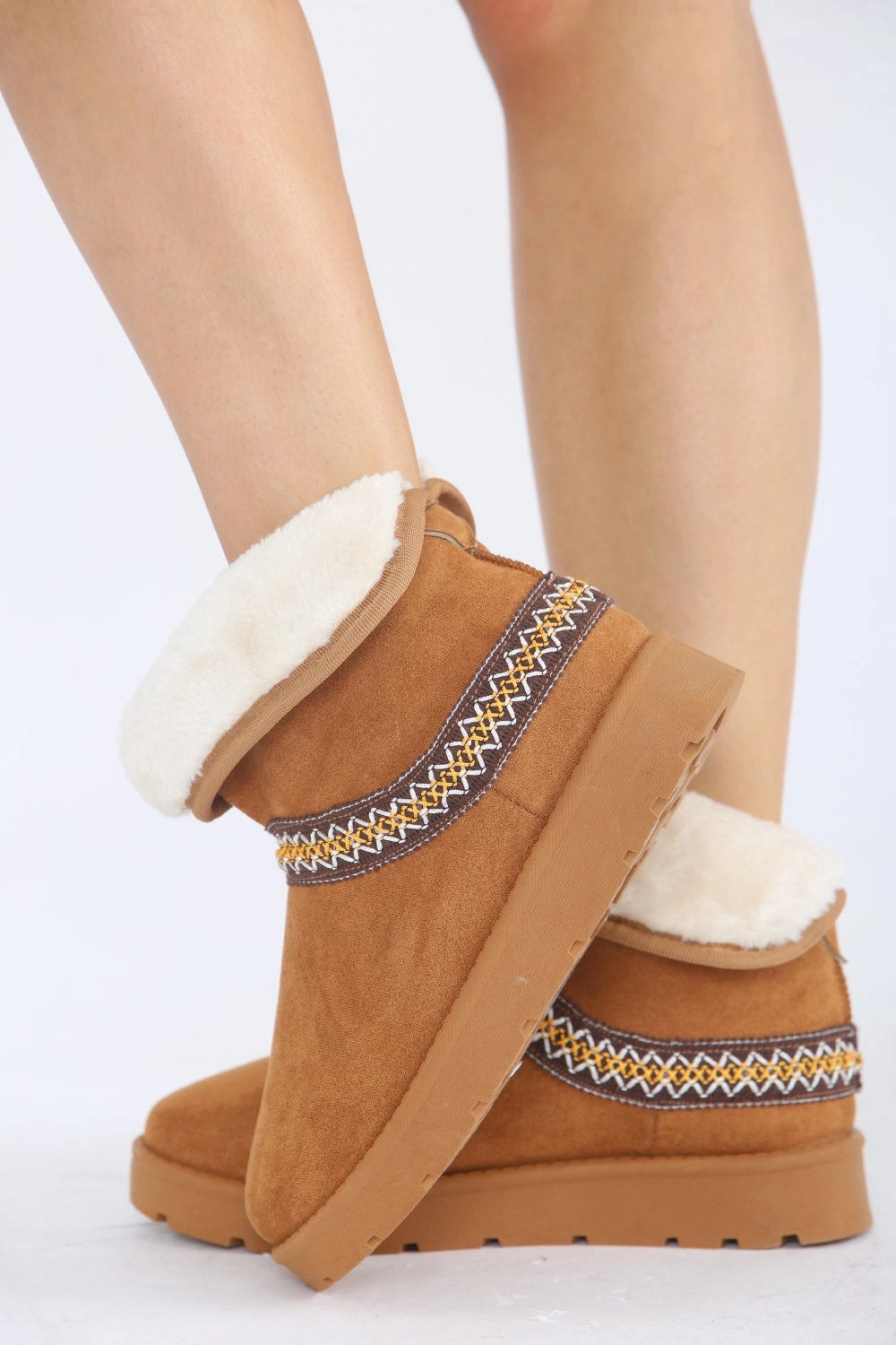 Guarachero Boots For Sale CHESTNUT FOLD OVER EMBROIDED AZTEC DETAIL FULLY FUR LINED BOOT (PACK B)