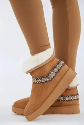 Over The Knee Flat Boots CHESTNUT FOLD OVER EMBROIDED AZTEC DETAIL FULLY FUR LINED BOOT