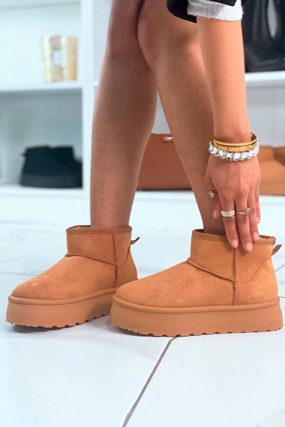 CHESTNUT ULTRA MINI PLATFORM FAUX FUR LINED ANKLE BOOTS (PACK A) Wide Width Rubber Boots