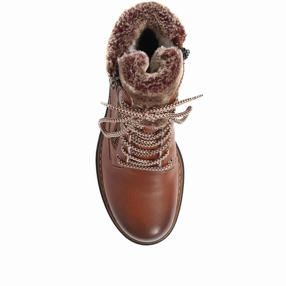Fleece Trimmed Lace Up Ankle Boots - RKR38521 / 324 345 - Tan Designer Rain Boot