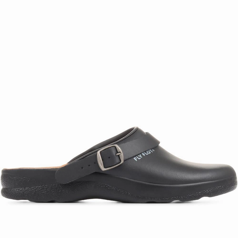 Coated Leather Work Clogs - FLY36103 / 322 504 - Black Clogs For Women