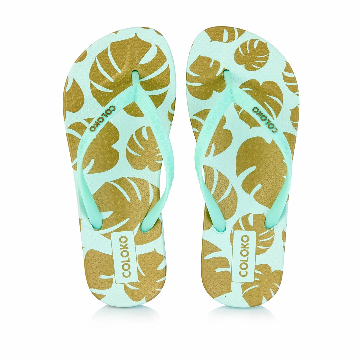 Coloko Ixora Mint Green & Gold Leaf Ergonomic Footbed Flip-Flops Wedge Flip Flops