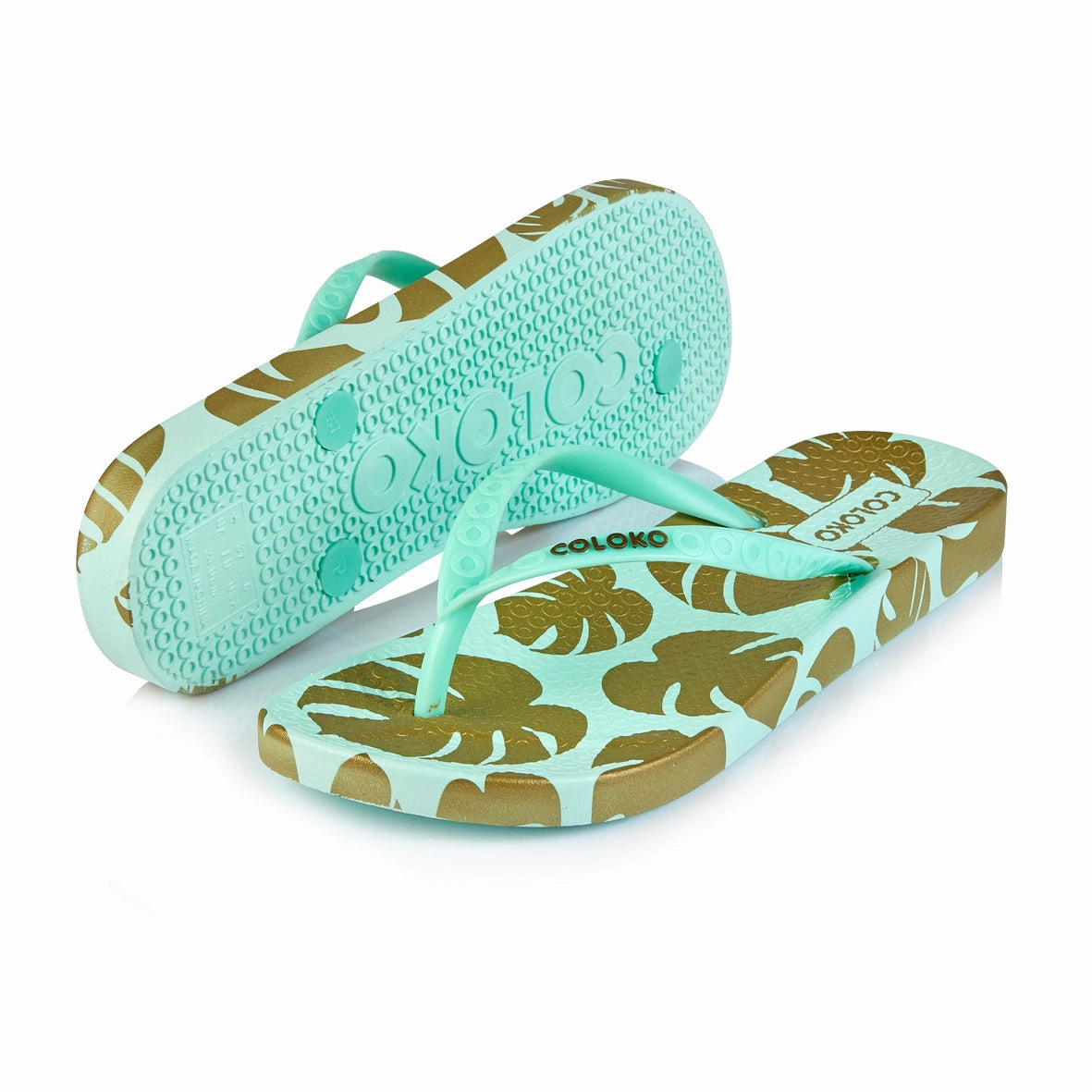 Sloth Flip Flops Coloko Ixora Mint Green & Gold Leaf Ergonomic Footbed Flip-Flops
