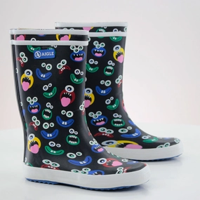 Sperry Waterproof Rain Boots Kids Girl Graphic Faces Printed Rain Boots,Black