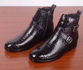 Crocodile Shoes Mens Crocodile Leather Side Zipper Double Crossed Strap Boots Pull On Boots