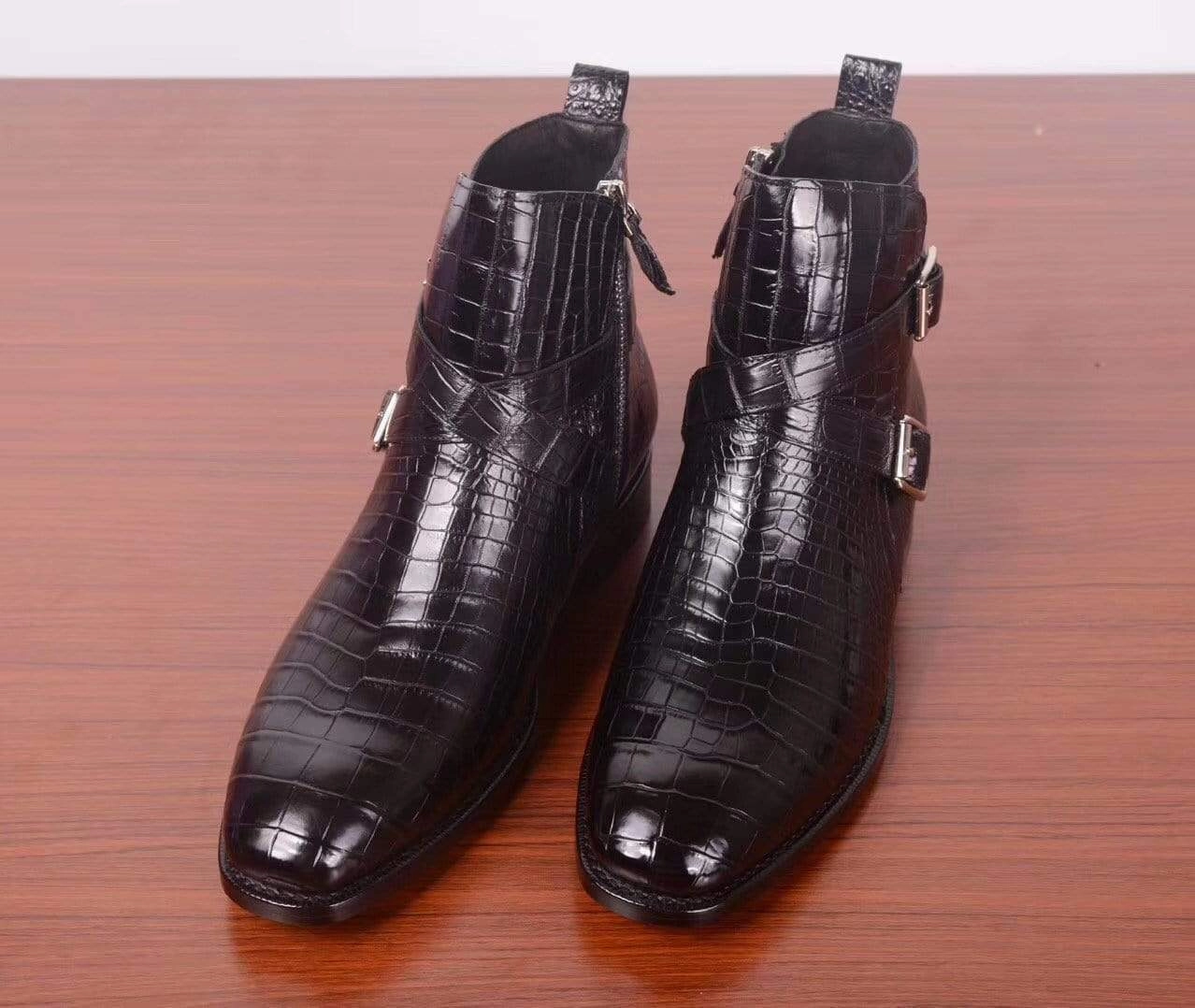Eserle Boots Crocodile Shoes Mens Crocodile Leather Side Zipper Double Crossed Strap Boots