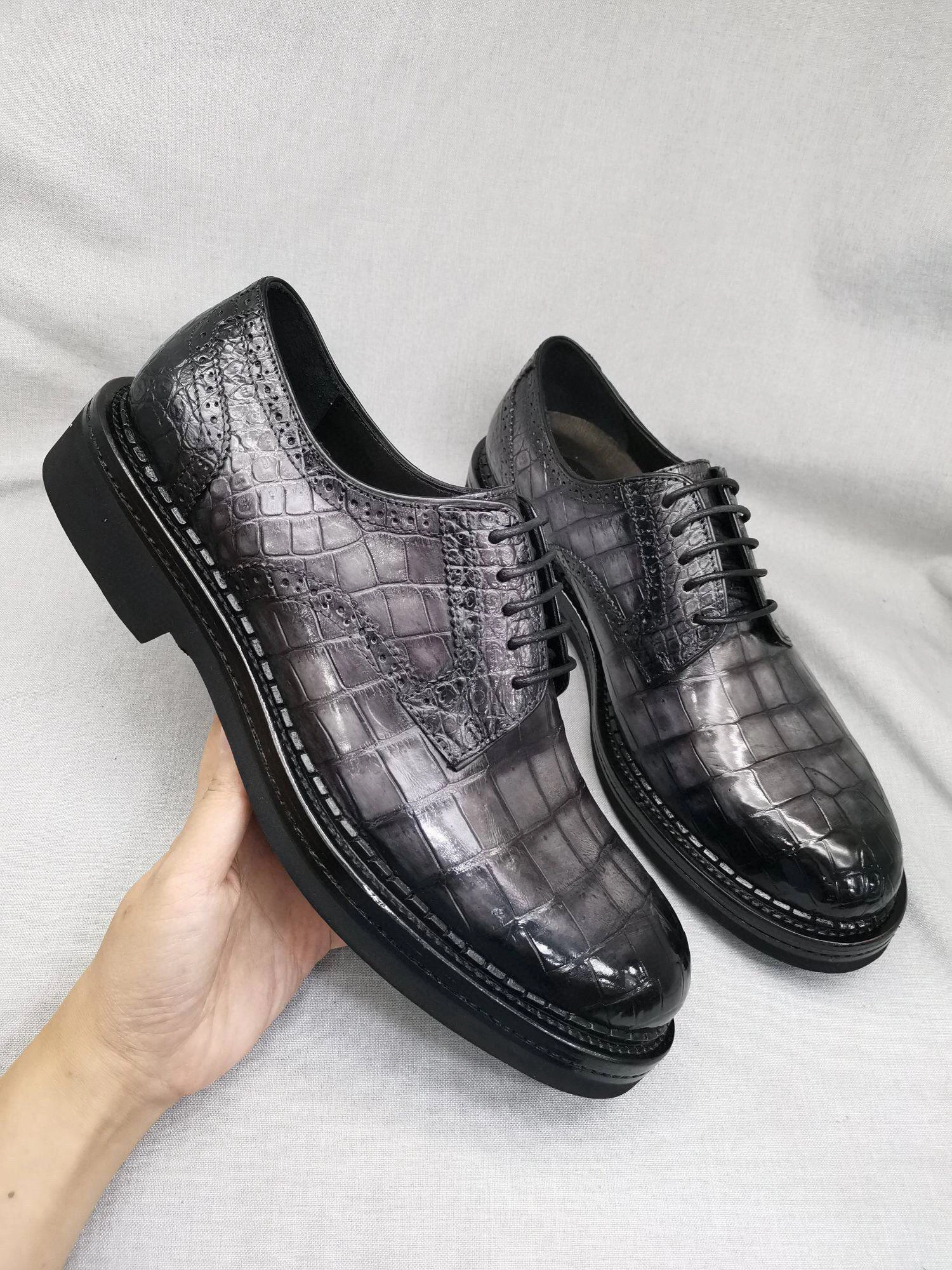 Crocodile Shoes Mens Genuine Crocodile Leather Derby Lace Up Dress Shoe Vintage Grey Warm Snow Boots