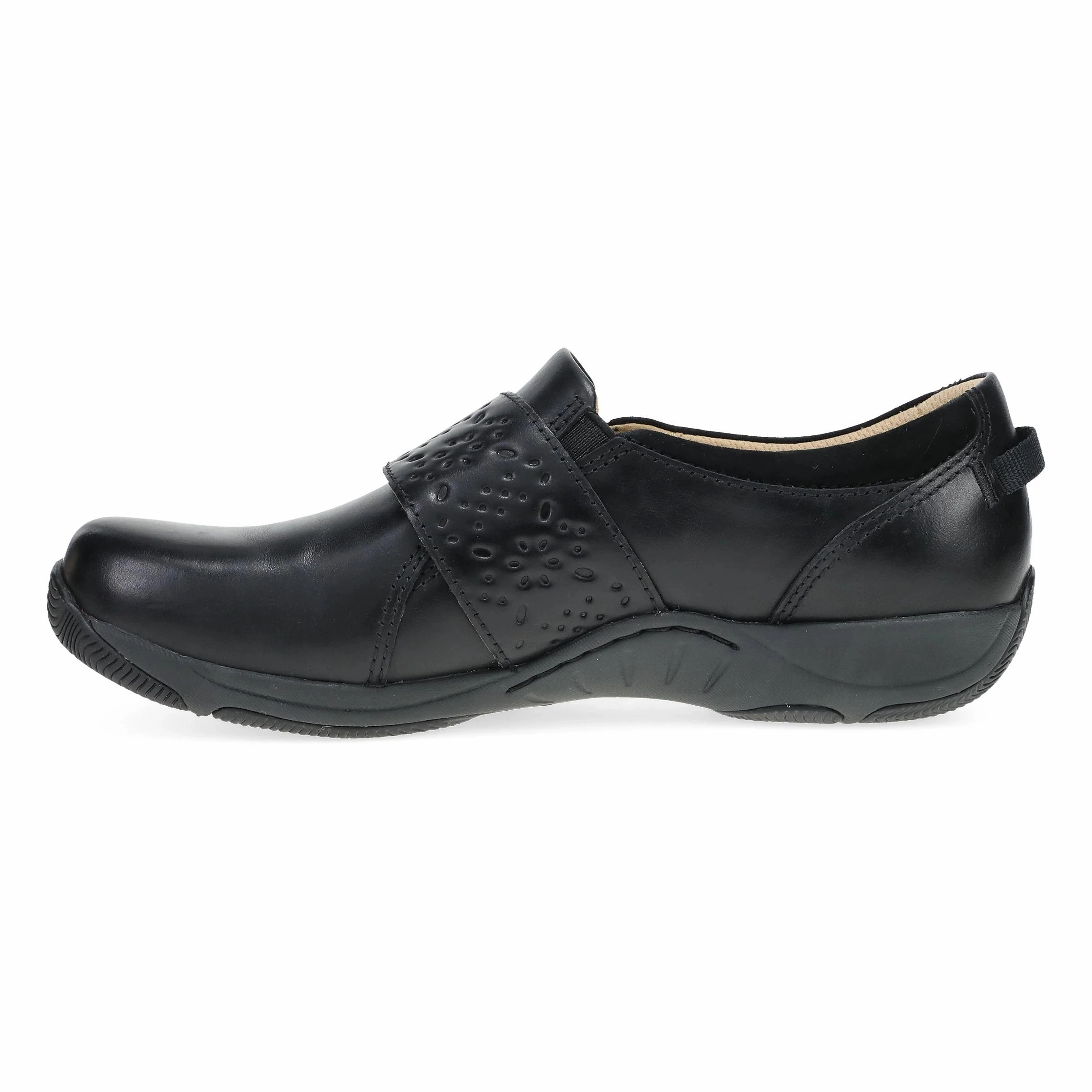 Dansko Women's Sallie Slip Resistant Adjustable Shoe - Black Waxy Burnished Clogs With Crosses
