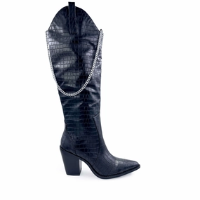 Knee High Rain Boots Dallas Croc-Embossed Chain Detail Knee High Cowboy Boots