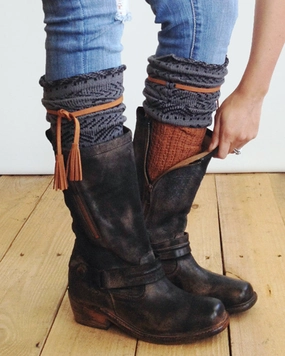 Plus Size Boots Knee High Tahoe Tassel Boho Boot Socks Gray / Whiskey Slouch Top Over The Knee Thick Waffle Knit Camel Vegan Leather Tassles