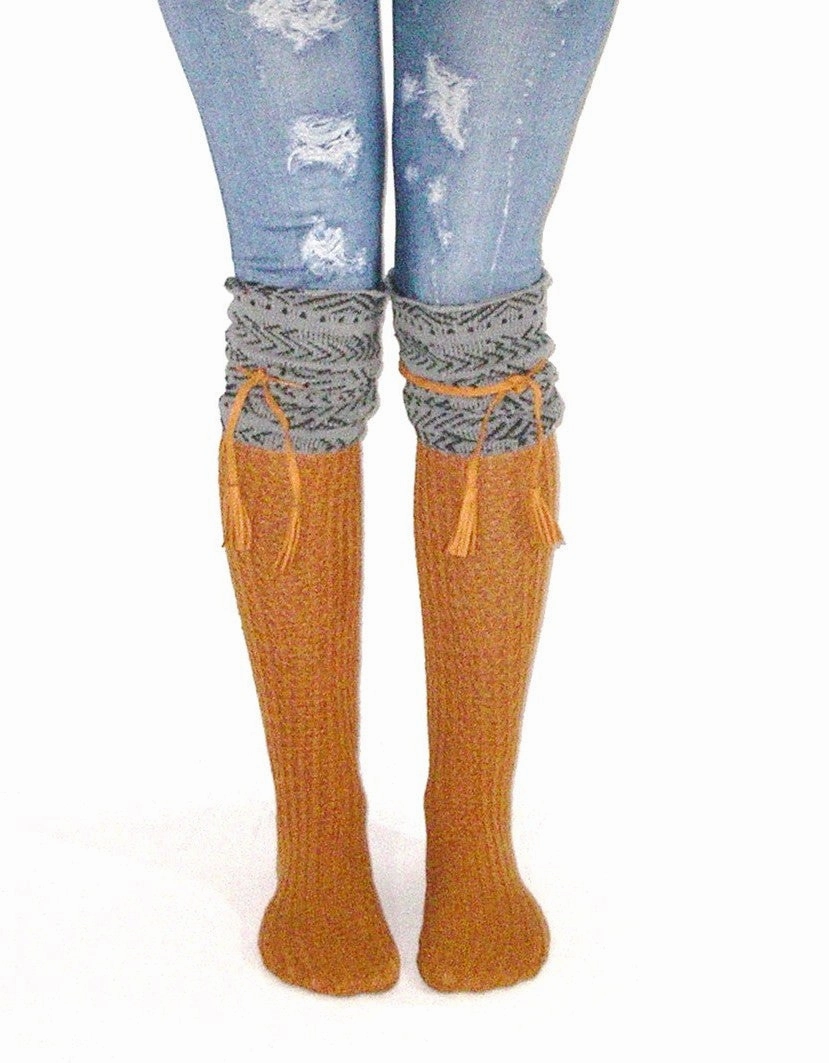 Block Heel Suede Knee High Boots Tahoe Tassel Boho Boot Socks Gray / Whiskey Slouch Top Over The Knee Thick Waffle Knit Camel Vegan Leather Tassles