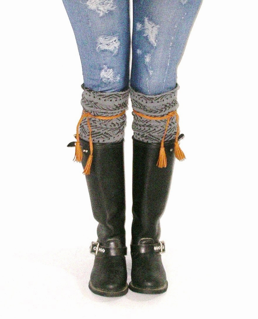 Tie Back Knee High Boots Tahoe Tassel Boho Boot Socks Gray / Whiskey Slouch Top Over The Knee Thick Waffle Knit Camel Vegan Leather Tassles
