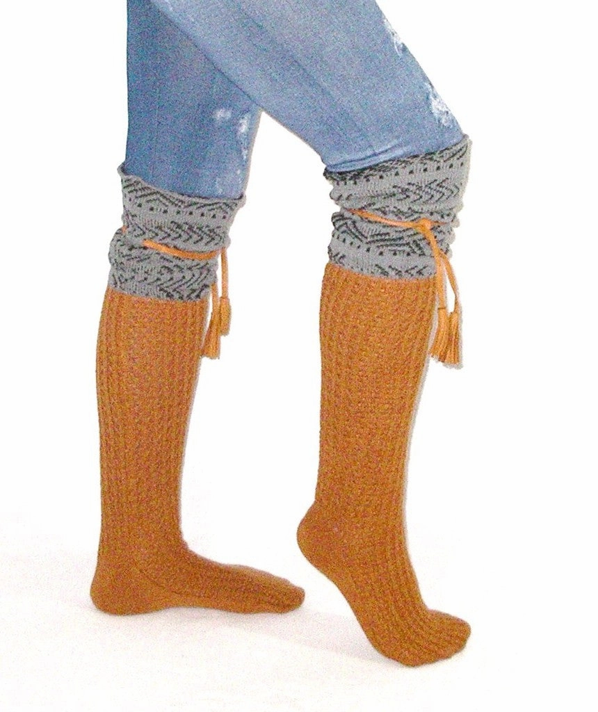 Tahoe Tassel Boho Boot Socks Gray / Whiskey Slouch Top Over The Knee Thick Waffle Knit Camel Vegan Leather Tassles Knee High Boots Dressy