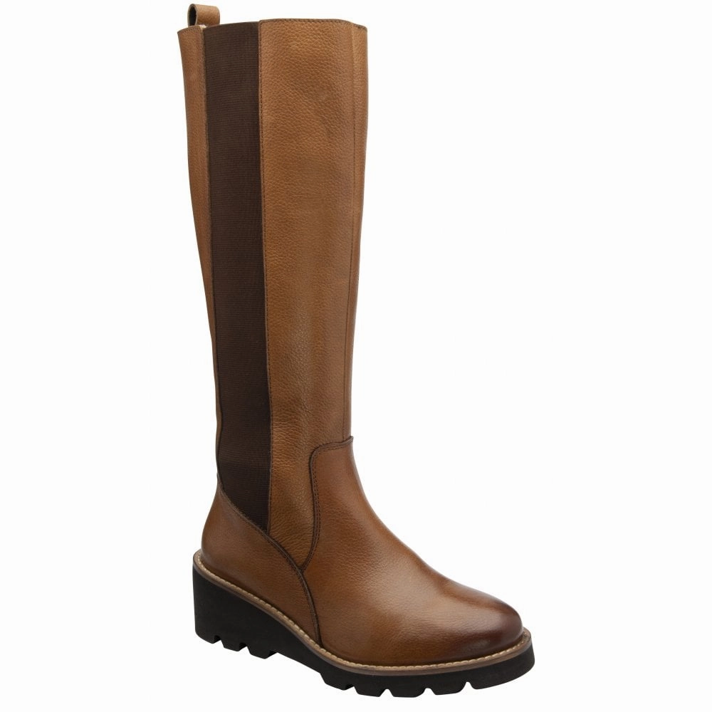 Lotus ULB483LT Wrenley Ladies Tan Leather & Textile Side Zip Knee High Boots Square Toe Knee High Boots
