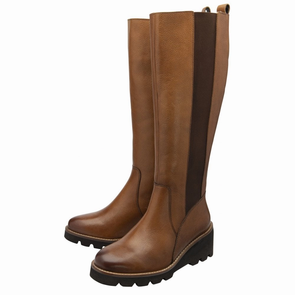 Knee High Boots Solid Heel Lotus ULB483LT Wrenley Ladies Tan Leather & Textile Side Zip Knee High Boots