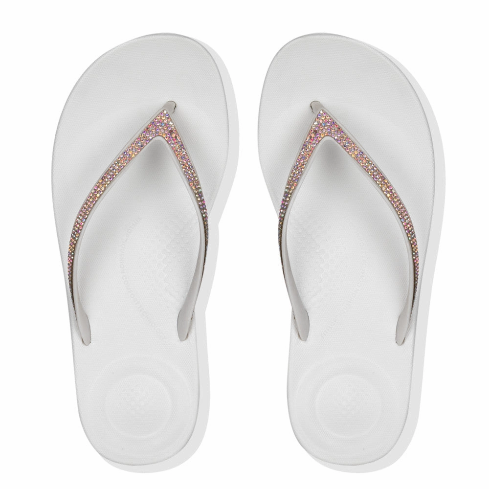 Fitflop R08-194 Iqushion Sparkle Ladies Urban White Toe Post Sandals Jean Flip Flops
