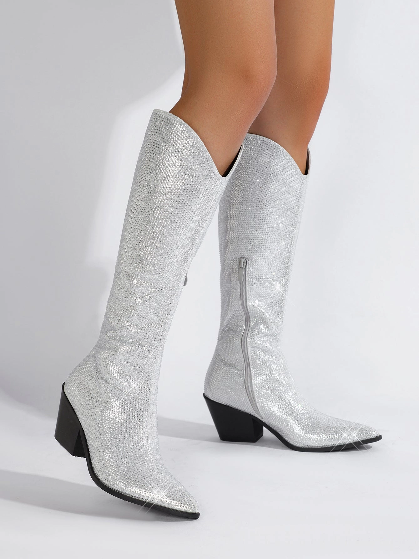 Aanika Silver Shimmer Rhinestone Western Boots Black Boots Wide Calf Knee High