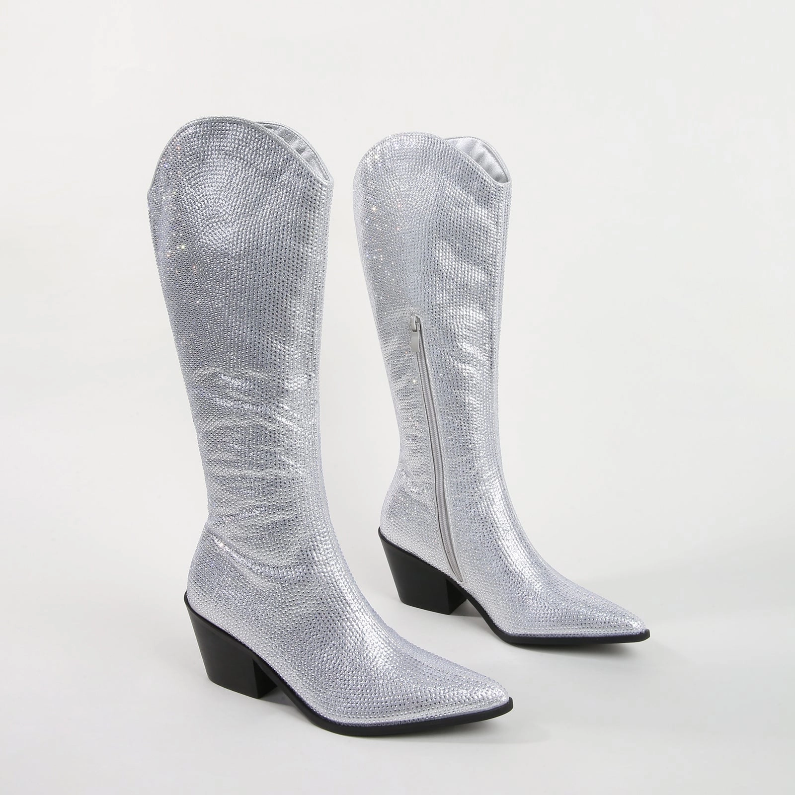 Aanika Silver Shimmer Rhinestone Western Boots Knee High Wide Calf Leather Boots