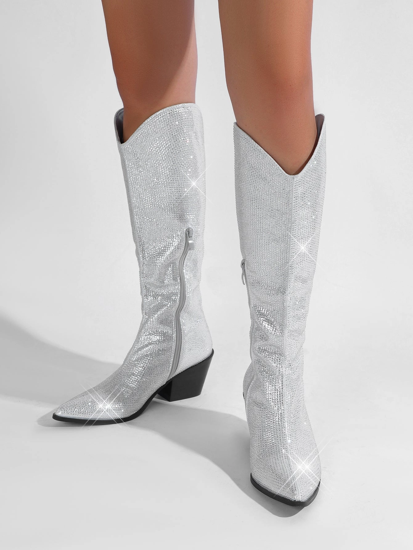 Knee High Boots Stretchy Aanika Silver Shimmer Rhinestone Western Boots