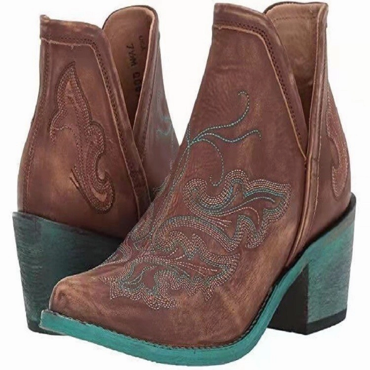 Brown Cowgirl Booties With Patina Soles Or Choose Black With Black Western Embroidery Pattern Slip On Shorty Cowboy Boots For Ladies In Vegan Leather Inspiration Ankle Boots