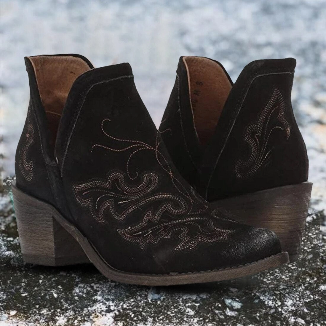 Ankle Boots Tight Around Ankle Brown Cowgirl Booties With Patina Soles Or Choose Black With Black Western Embroidery Pattern Slip On Shorty Cowboy Boots For Ladies In Vegan Leather