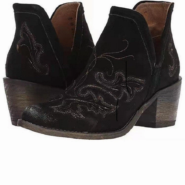 Brown Cowgirl Booties With Patina Soles Or Choose Black With Black Western Embroidery Pattern Slip On Shorty Cowboy Boots For Ladies In Vegan Leather Yulia Ankle Boots
