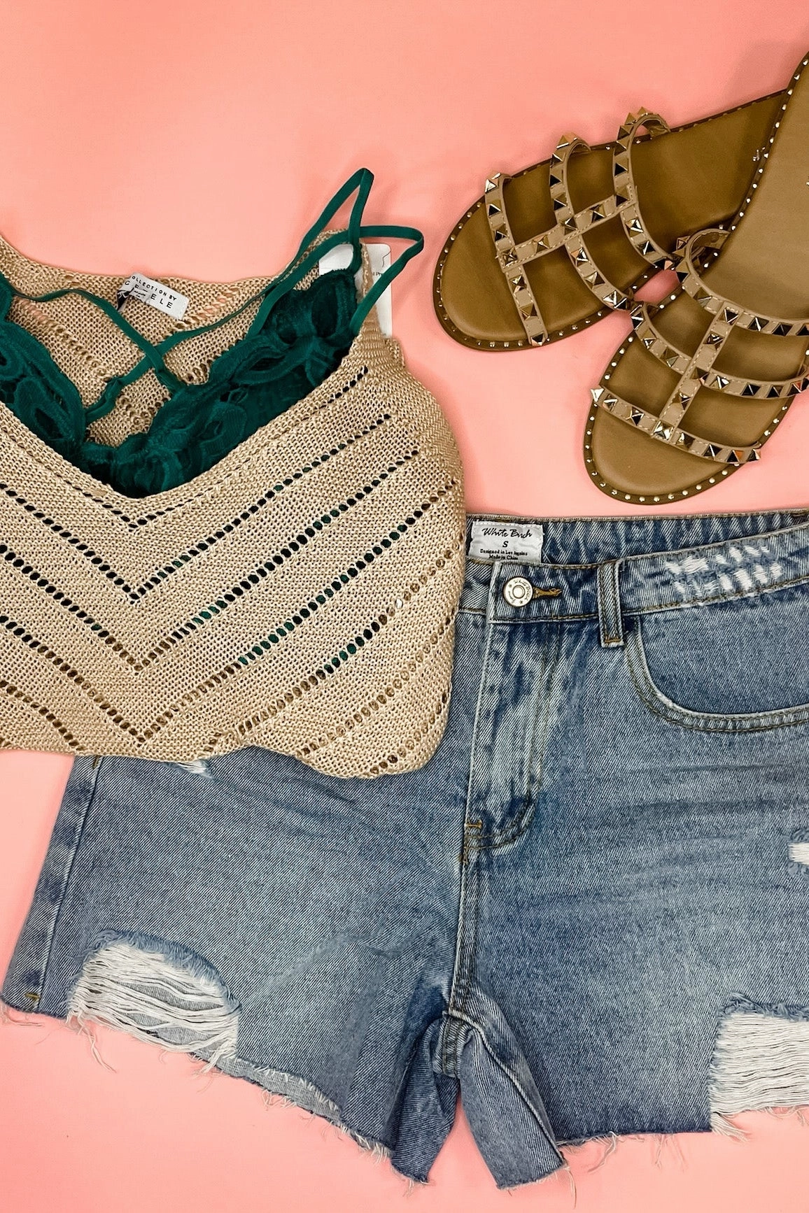 Bare Trap Sandals Eyes On The Prize- {Taupe, White & Black} Sandals w/ Gold Studs