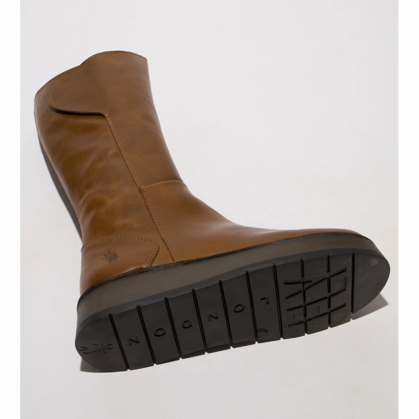 Fly RHEA042FLY Ladies Rug Camel Leather Side Zip Knee High Boots Mary Jane Knee High Boots