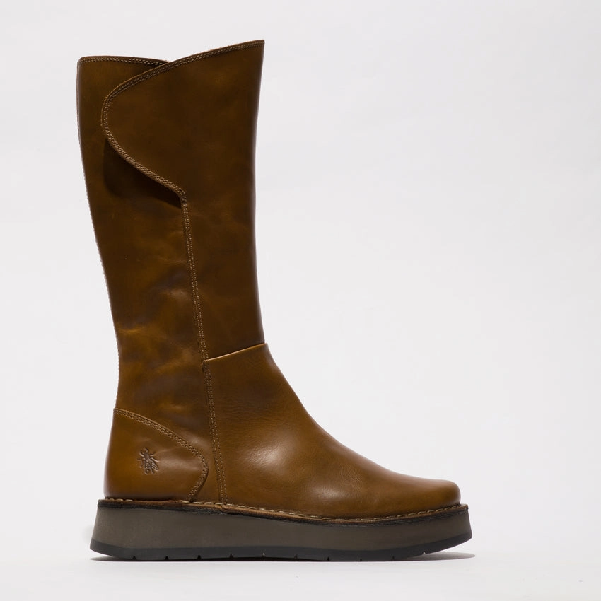 Brown Knee High Leather Boots Fly RHEA042FLY Ladies Rug Camel Leather Side Zip Knee High Boots