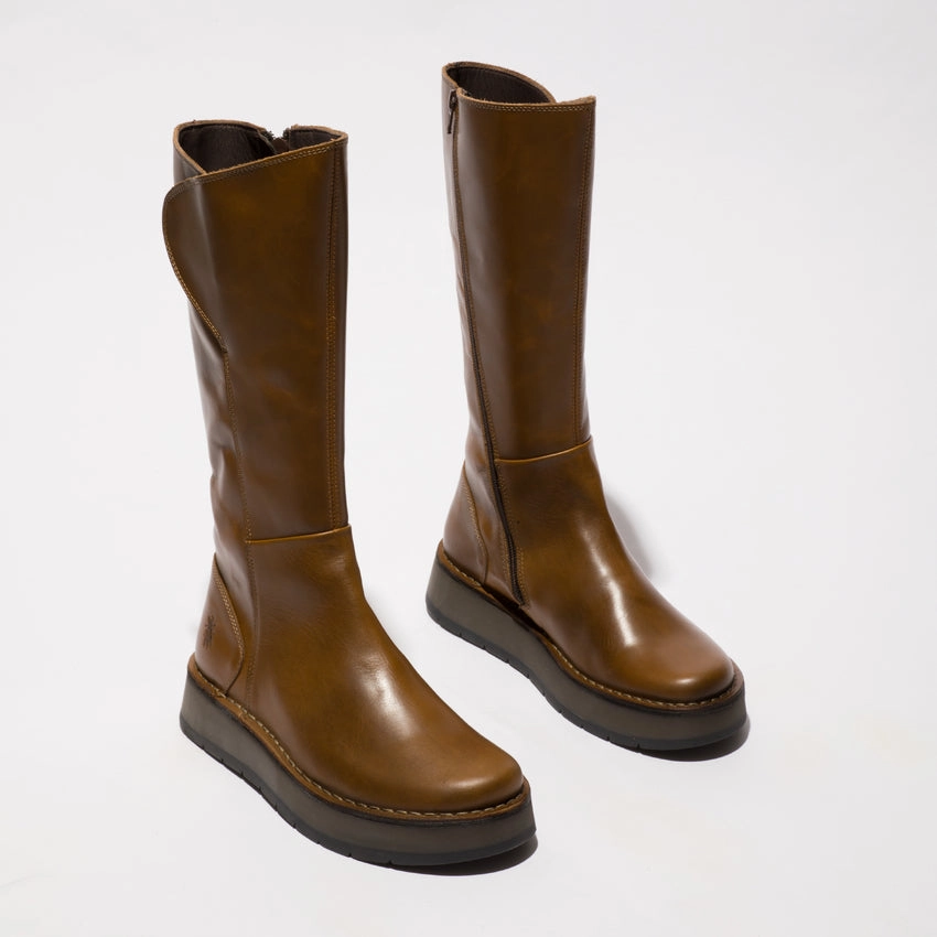 Fly RHEA042FLY Ladies Rug Camel Leather Side Zip Knee High Boots Knee High Boots Vs Over Knee