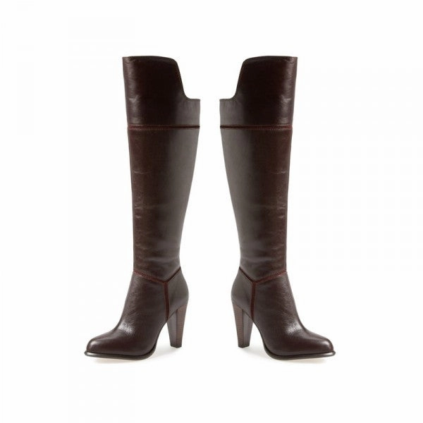 FRENCH CONNECTION  Women's Cai Bitter Chestnut Round Toe Leather Knee High Boot Slim Calf Knee High
