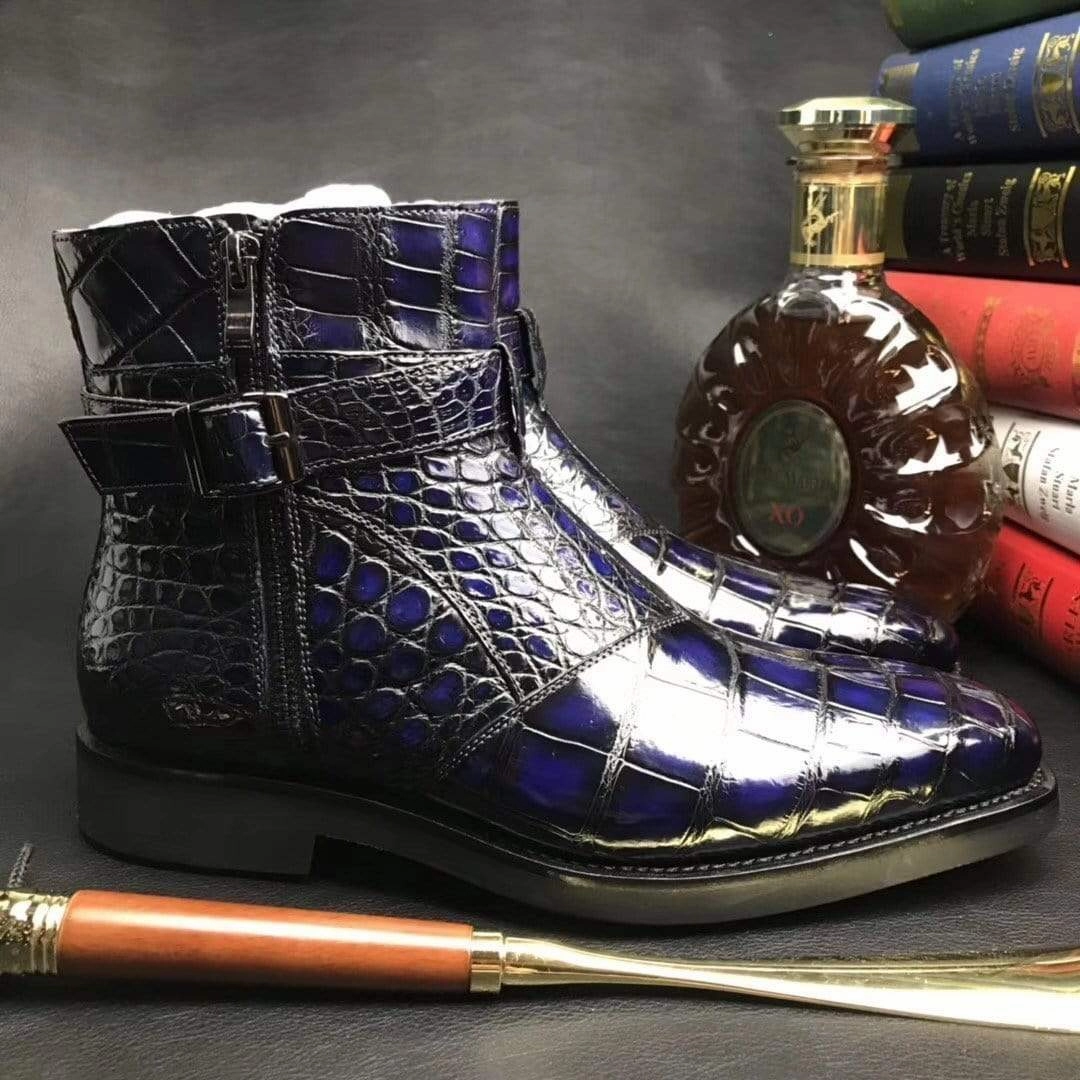 Crocodile Shoes Mens Crocodile Leather  Side Zipper Single Buckle  Boots Leopard Western Boots