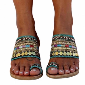 David Flip Flops Gypsy Coin Sandals Boho Aztec Flip Flops With Toe Loops Bohemian Slippers Multi Colored Slip On Shoes With Toe Rings